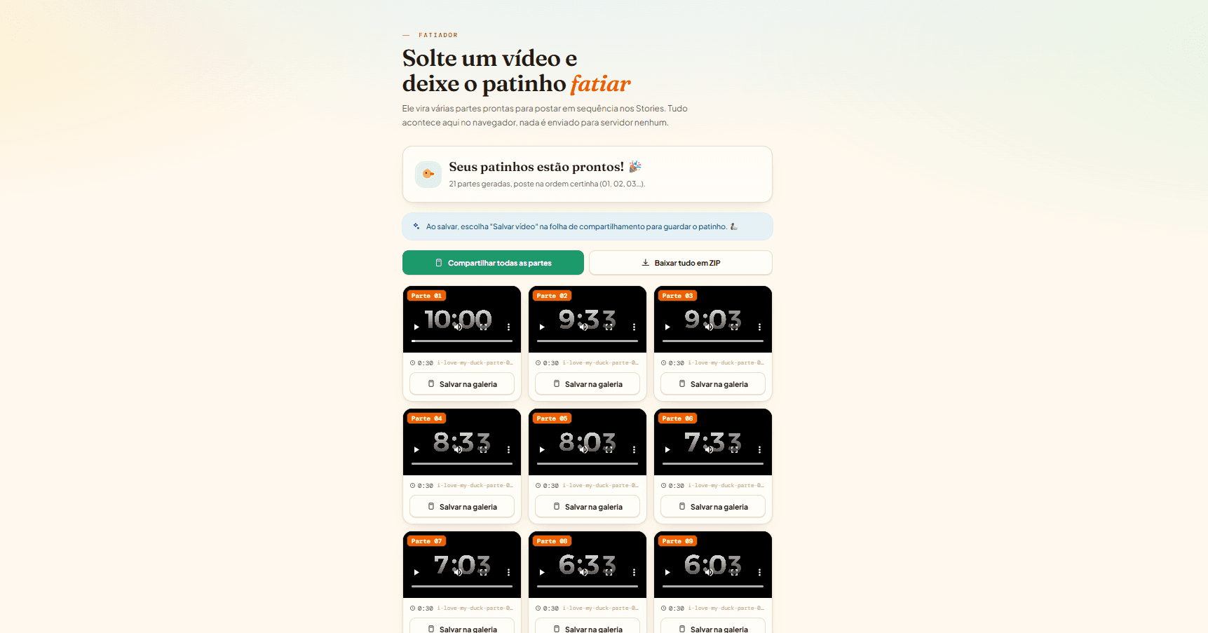 Tela com as partes geradas prontas para salvar